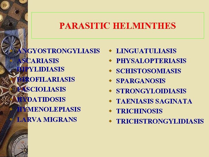 PARASITIC HELMINTHES w ANGYOSTRONGYLIASIS w ASCARIASIS DIPYLIDIASIS w DIROFILARIASIS w FASCIOLIASIS w HYDATIDOSIS w