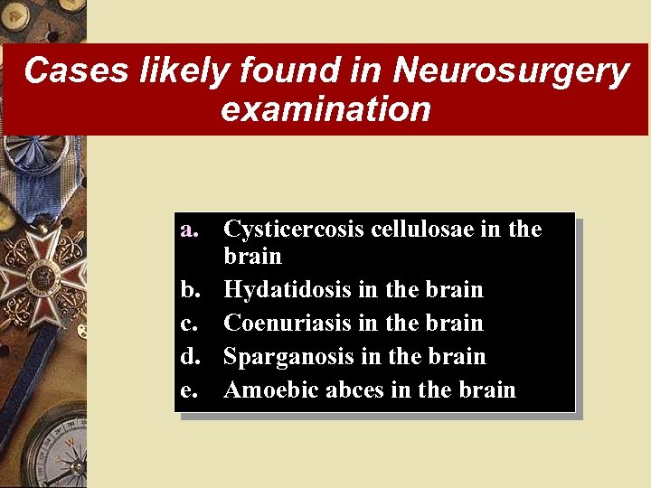 Cases likely found in Neurosurgery examination a. Cysticercosis cellulosae in the brain b. Hydatidosis