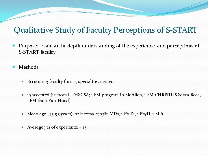 Qualitative Study of Faculty Perceptions of S-START Purpose: Gain an in-depth understanding of the