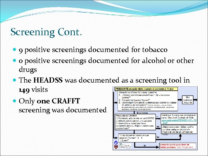 Screening Cont. 9 positive screenings documented for tobacco 0 positive screenings documented for alcohol