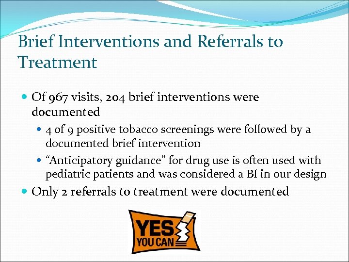 Brief Interventions and Referrals to Treatment Of 967 visits, 204 brief interventions were documented
