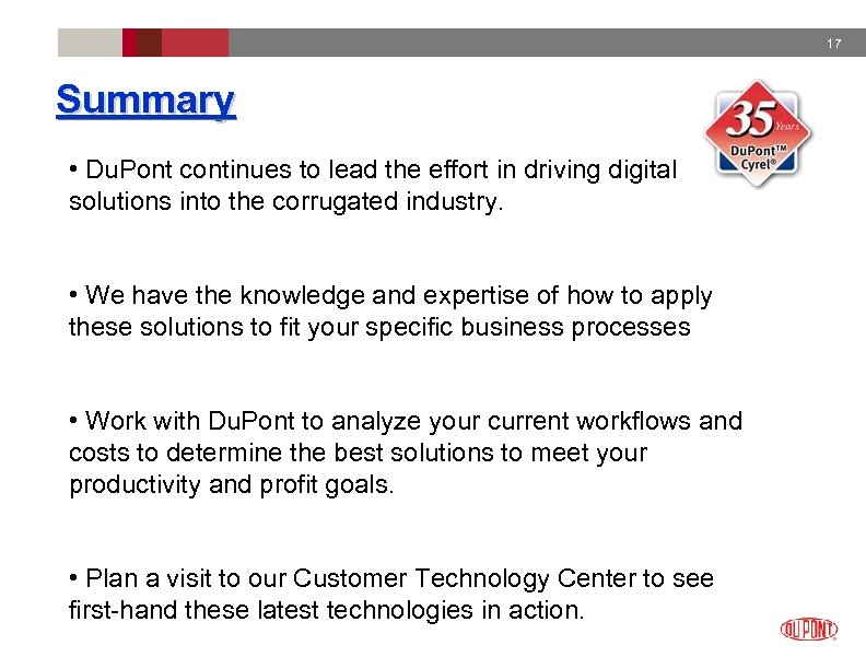 17 Summary • Du. Pont continues to lead the effort in driving digital solutions