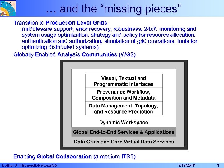 … and the “missing pieces” Transition to Production Level Grids (middleware support, error recovery,