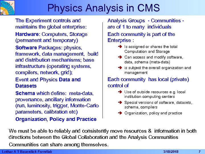 Physics Analysis in CMS The Experiment controls and maintains the global enterprise: Hardware: Computers,