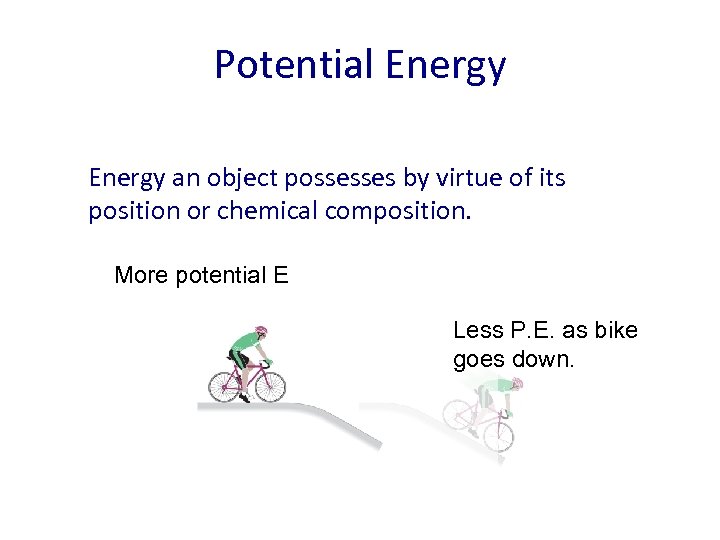 Potential Energy an object possesses by virtue of its position or chemical composition. More