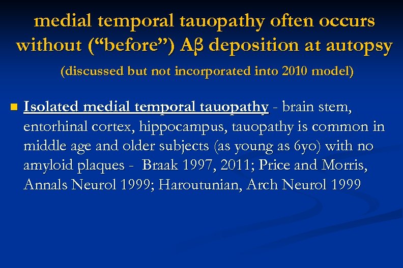 medial temporal tauopathy often occurs without (“before”) Aβ deposition at autopsy (discussed but not