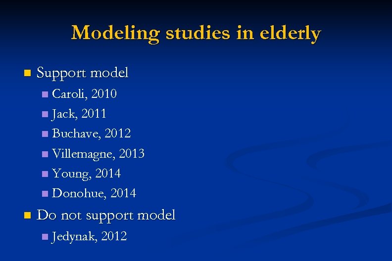 Modeling studies in elderly n Support model Caroli, 2010 n Jack, 2011 n Buchave,