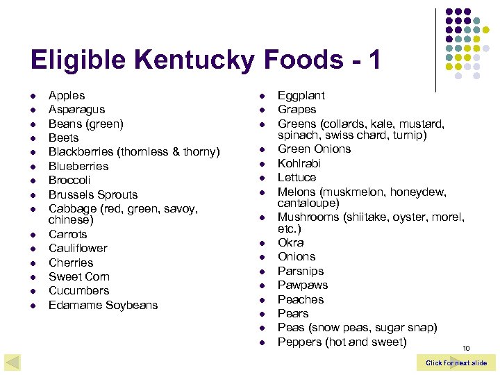 Eligible Kentucky Foods - 1 l l l l Apples Asparagus Beans (green) Beets