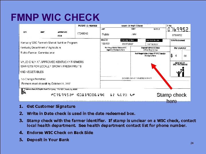 FMNP WIC CHECK 1. Get Customer Signature Stamp check here 2. Write in Date