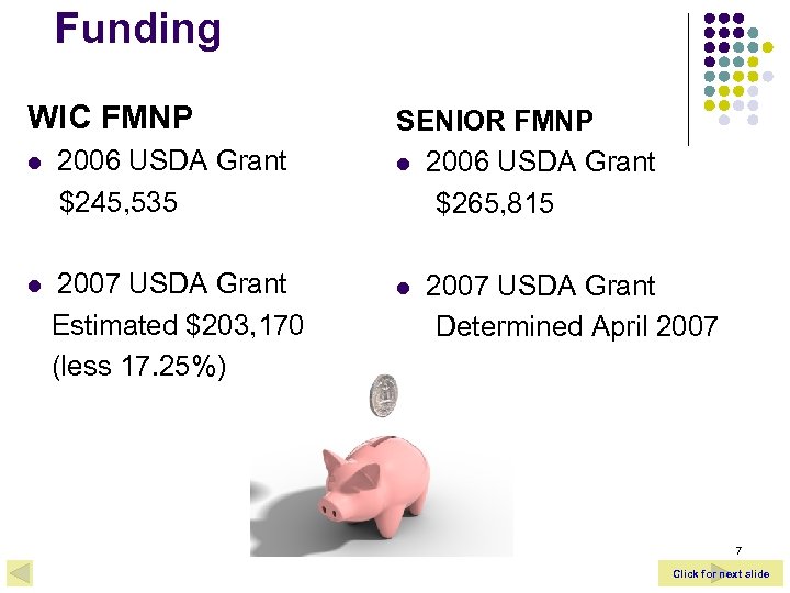 Funding WIC FMNP l 2006 USDA Grant $245, 535 l 2007 USDA Grant Estimated