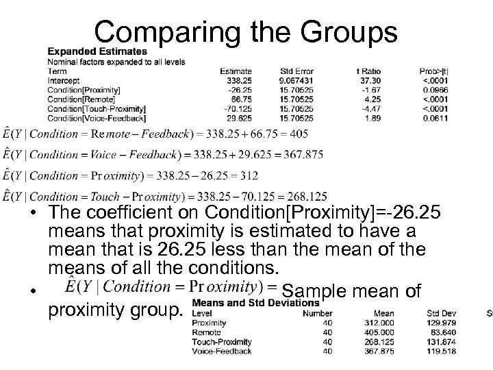 Comparing the Groups • The coefficient on Condition[Proximity]=-26. 25 means that proximity is estimated