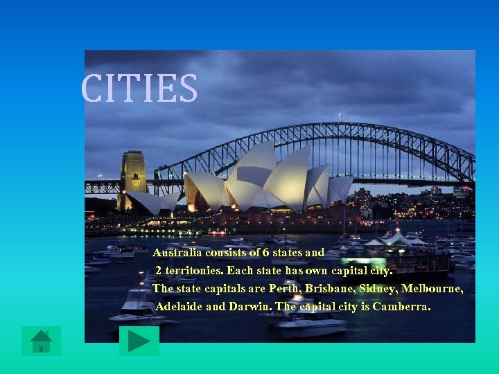 CITIES Australia consists of 6 states and 2 territonies. Each state has own capital