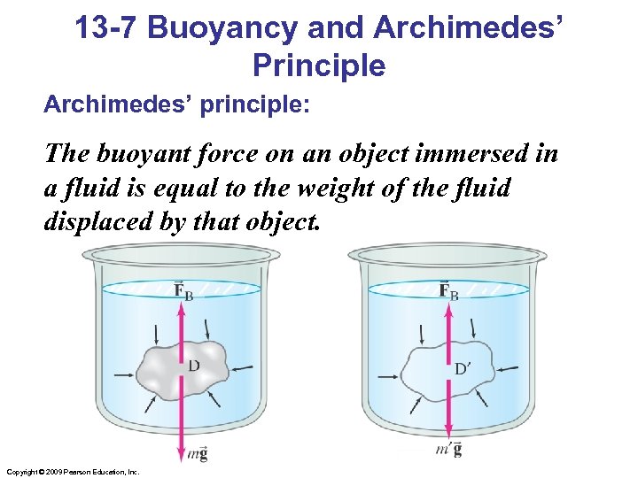 13 -7 Buoyancy and Archimedes’ Principle Archimedes’ principle: The buoyant force on an object