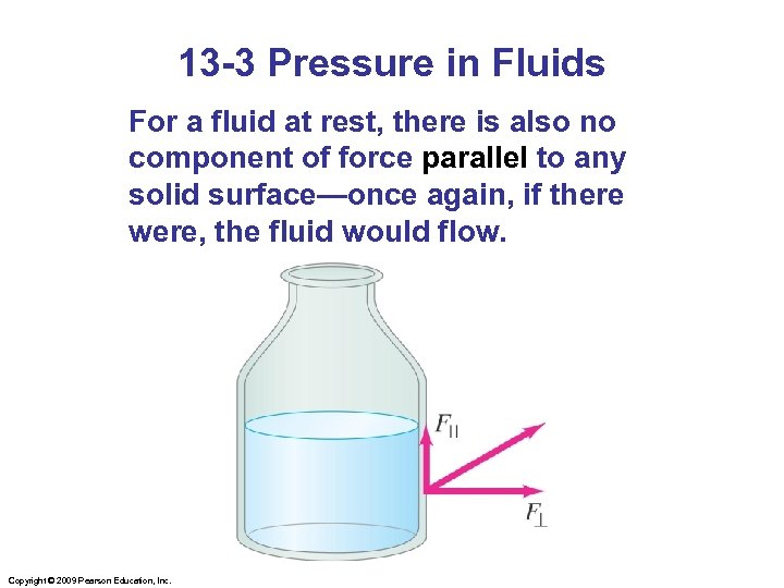 13 -3 Pressure in Fluids For a fluid at rest, there is also no