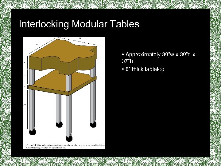 Interlocking Modular Tables • Approximately 30”w x 30”d x 37”h • 6” thick tabletop