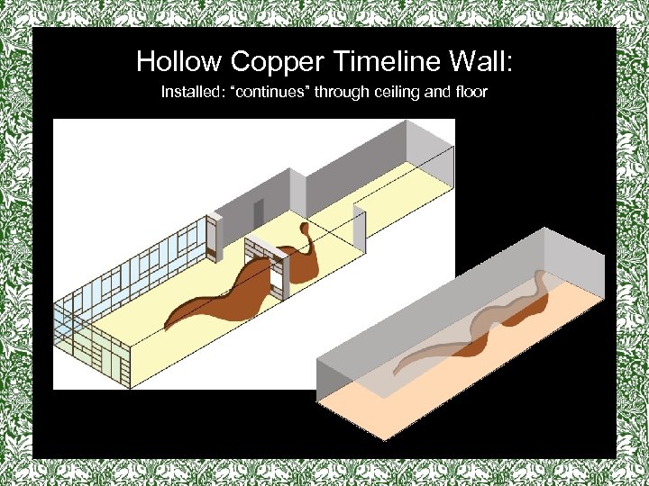 Hollow Copper Timeline Wall: Installed: “continues” through ceiling and floor 