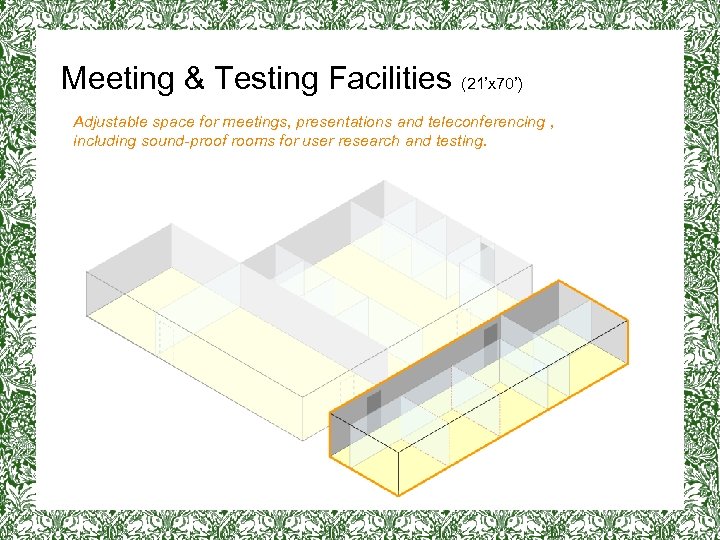 Meeting & Testing Facilities (21’x 70’) Adjustable space for meetings, presentations and teleconferencing ,