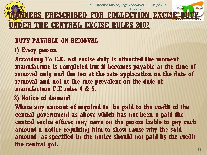 Unit V– Income Tax Act, Legal Aspects of Business – 3/19/2018 MANNERS PRESCRIBED FOR