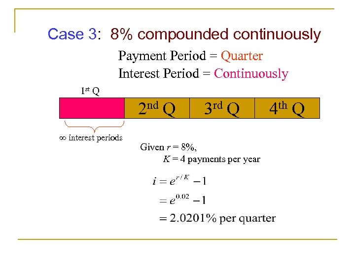 Case 3: 8% compounded continuously Payment Period = Quarter Interest Period = Continuously 1