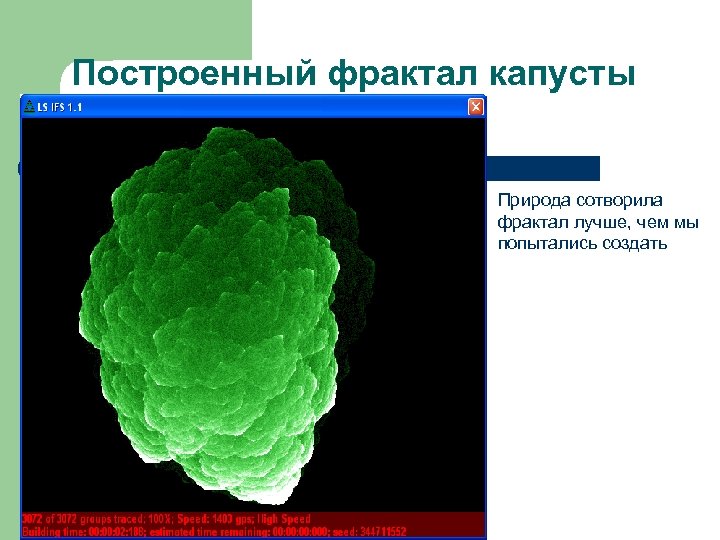 Построенный фрактал капусты Природа сотворила фрактал лучше, чем мы попытались создать 