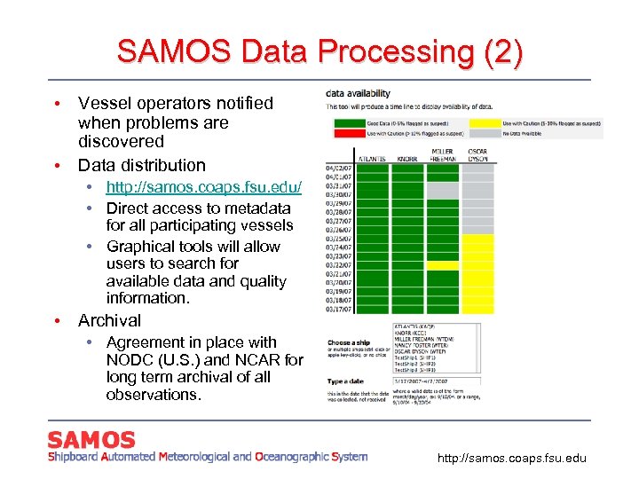 SAMOS Data Processing (2) • Vessel operators notified when problems are discovered • Data