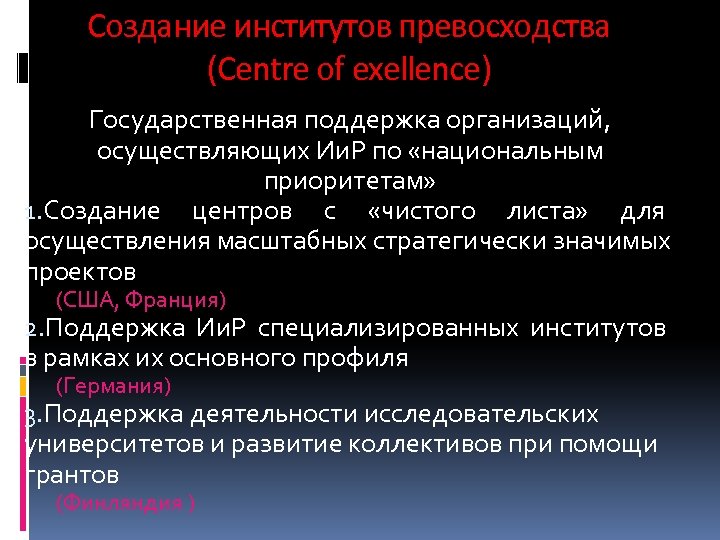 Создание институтов превосходства (Centre of exellence) Государственная поддержка организаций, осуществляющих Ии. Р по «национальным