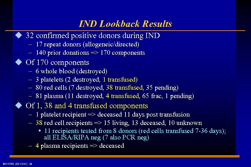 IND Lookback Results u 32 confirmed positive donors during IND – 17 repeat donors