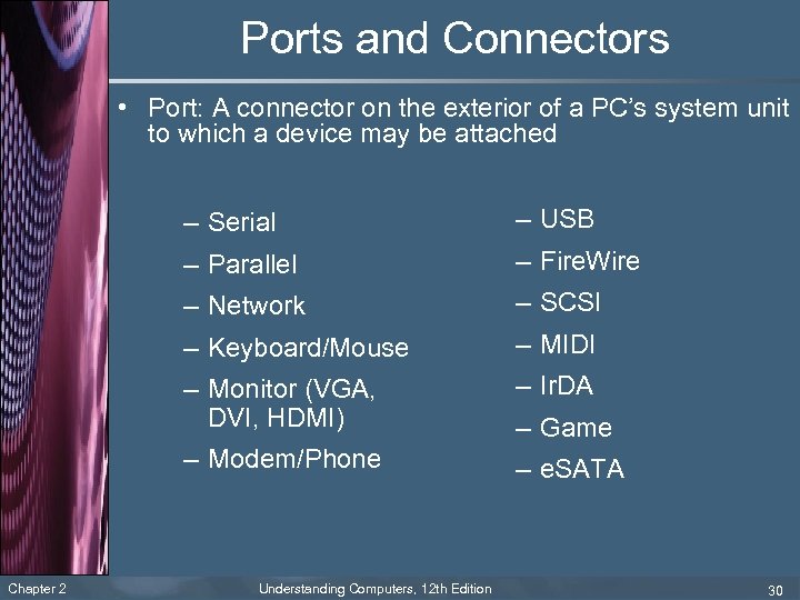 Ports and Connectors • Port: A connector on the exterior of a PC’s system
