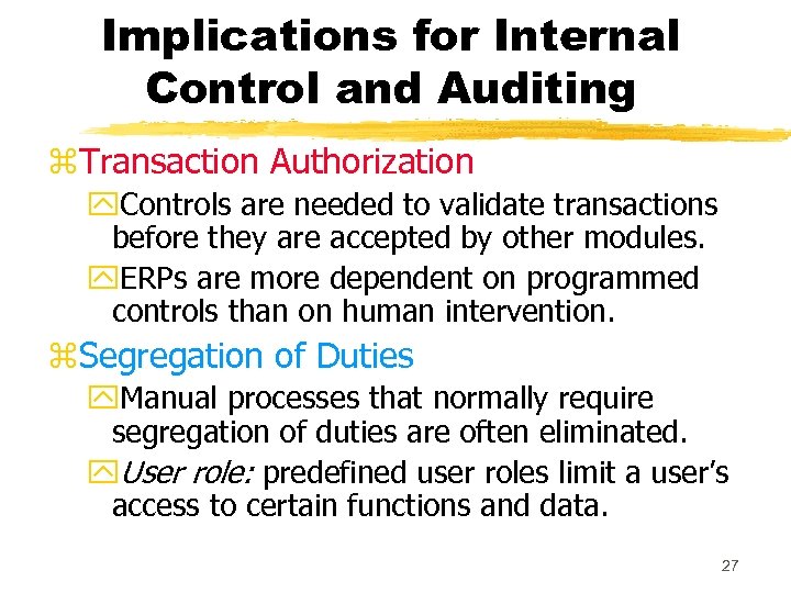 Implications for Internal Control and Auditing z. Transaction Authorization y. Controls are needed to