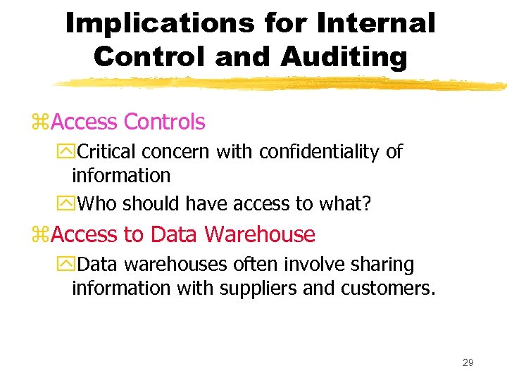 Implications for Internal Control and Auditing z. Access Controls y. Critical concern with confidentiality