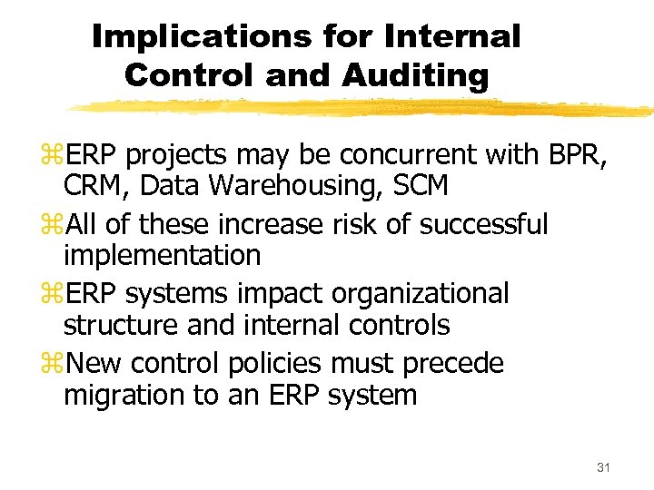 Implications for Internal Control and Auditing z. ERP projects may be concurrent with BPR,