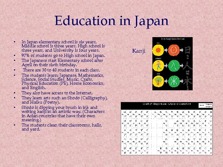 Education in Japan • • • In Japan elementary school is six years, Middle