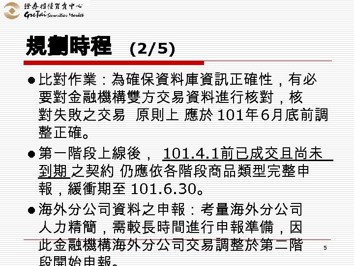 規劃時程 (2/5) l 比對作業：為確保資料庫資訊正確性，有必 要對金融機構雙方交易資料進行核對，核 對失敗之交易 原則上 應於 101年 6月底前調 整正確。 l 第一階段上線後， 101.
