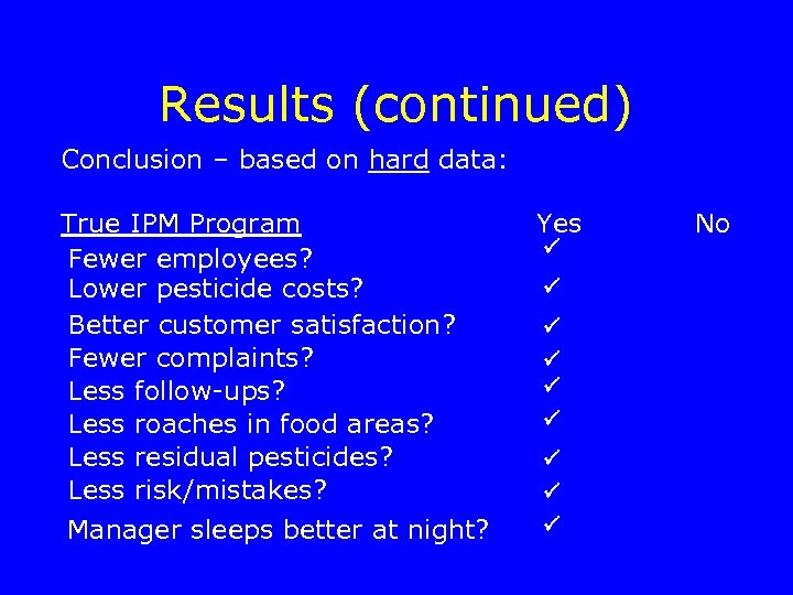 Results (continued) Conclusion – based on hard data: True IPM Program Fewer employees? Lower