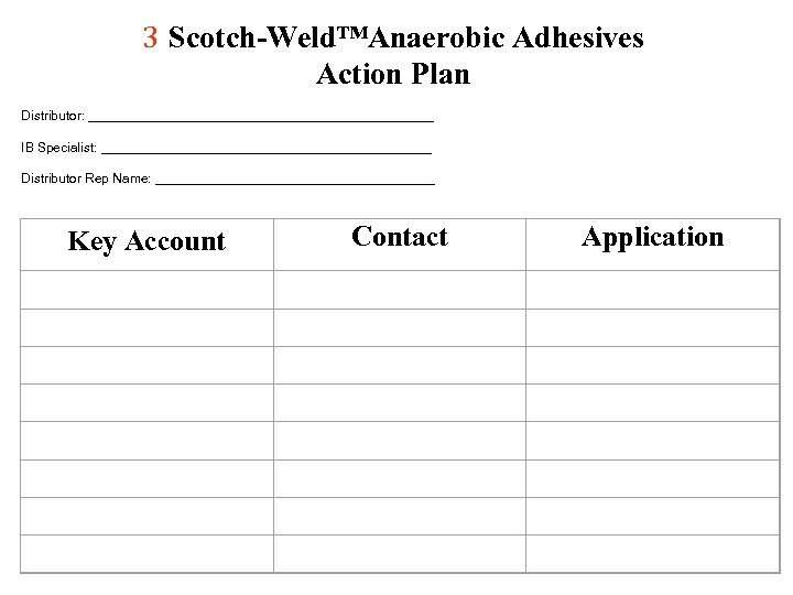 3 Scotch-Weld™Anaerobic Adhesives Action Plan Distributor: ________________________ IB Specialist: _______________________ Distributor Rep Name: ___________________