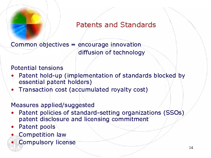 Patents and Standards Common objectives = encourage innovation diffusion of technology Potential tensions •