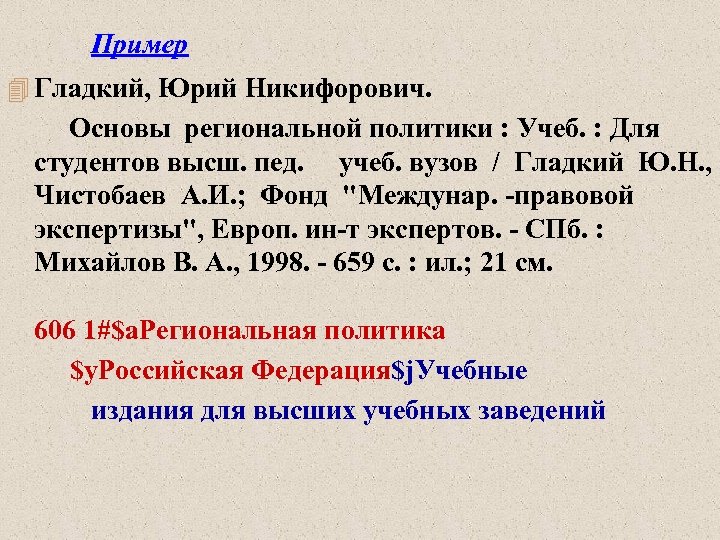 Пример 4 Гладкий, Юрий Никифорович. Основы региональной политики : Учеб. : Для студентов высш.