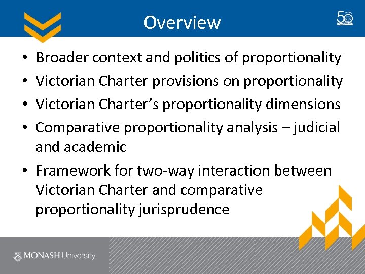Overview Broader context and politics of proportionality Victorian Charter provisions on proportionality Victorian Charter’s