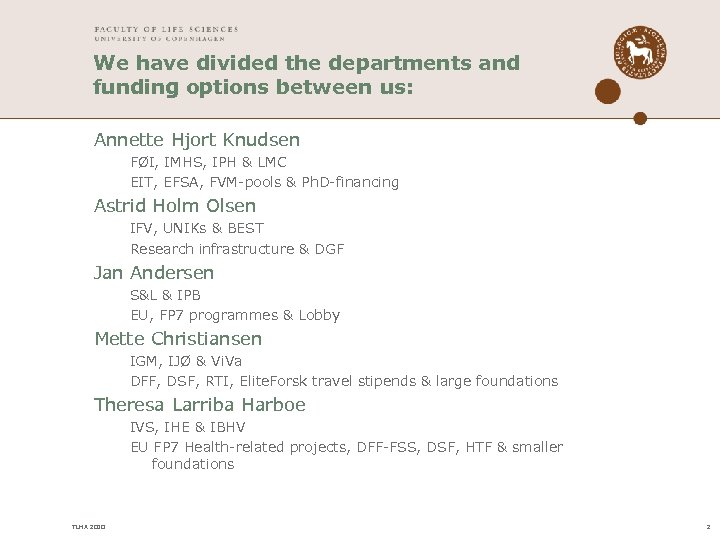 We have divided the departments and funding options between us: Annette Hjort Knudsen FØI,