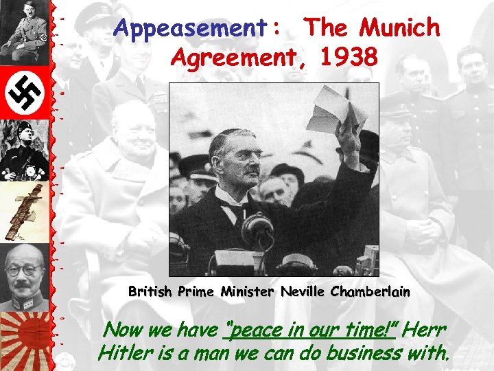 Appeasement : The Munich Agreement, 1938 British Prime Minister Neville Chamberlain Now we have