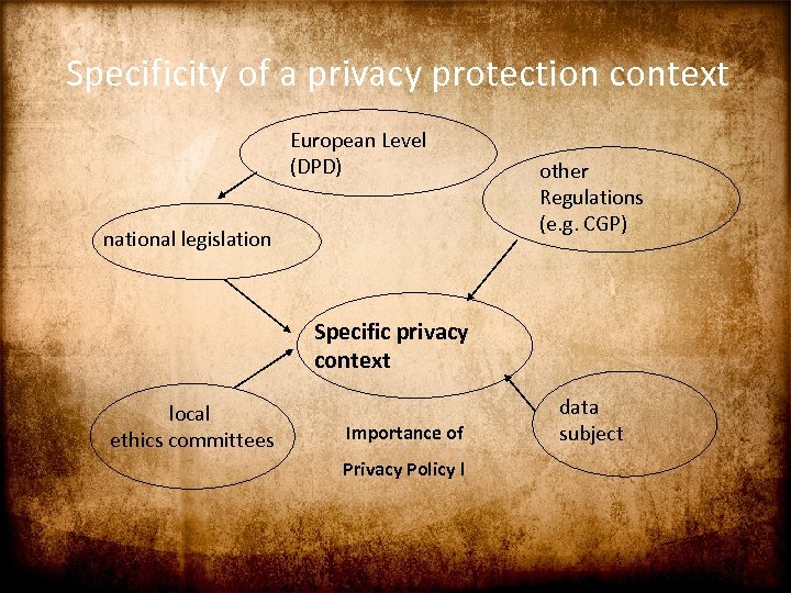 Specificity of a privacy protection context European Level (DPD) national legislation other Regulations (e.