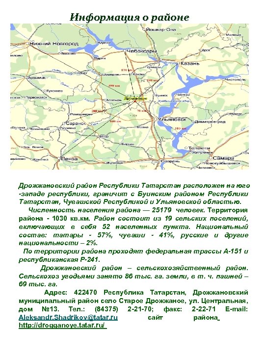 Информация о районе Дрожжановский район Республики Татарстан расположен на юго -западе республики, граничит с