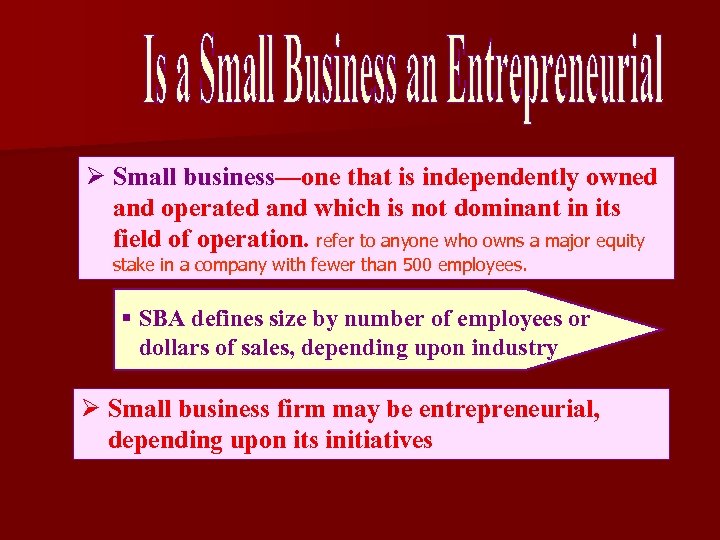 Ø Small business—one that is independently owned and operated and which is not dominant