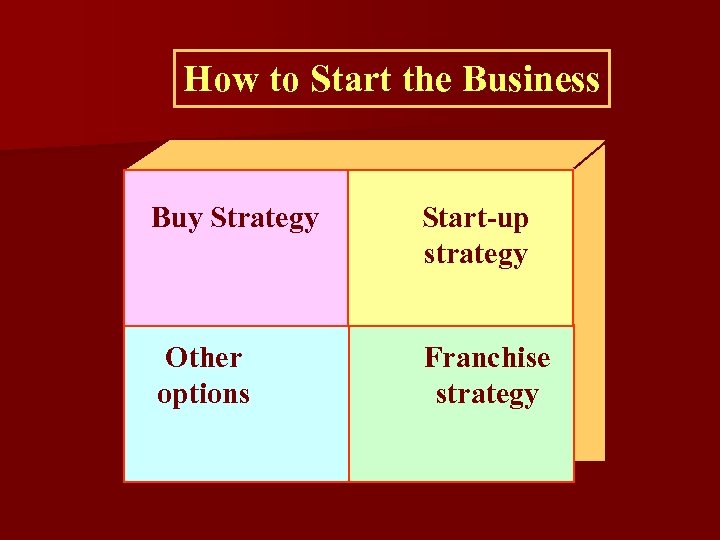 How to Start the Business Buy Strategy Start-up strategy Other options Franchise strategy 