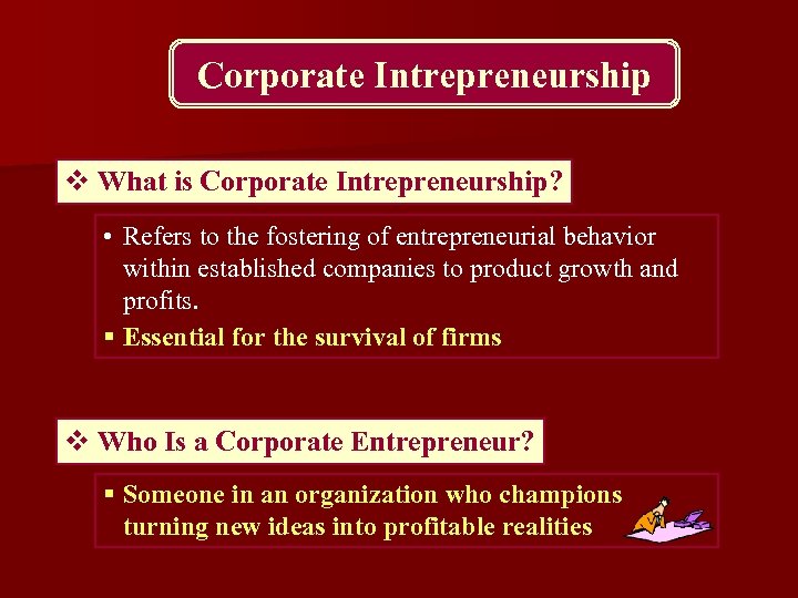 Corporate Intrepreneurship v What is Corporate Intrepreneurship? • Refers to the fostering of entrepreneurial