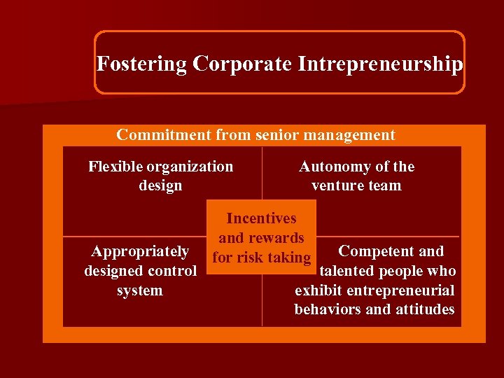 Fostering Corporate Intrepreneurship Commitment from senior management Flexible organization design Appropriately designed control system