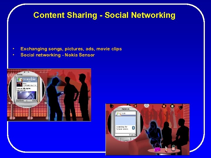 Content Sharing - Social Networking • • Exchanging songs, pictures, ads, movie clips Social