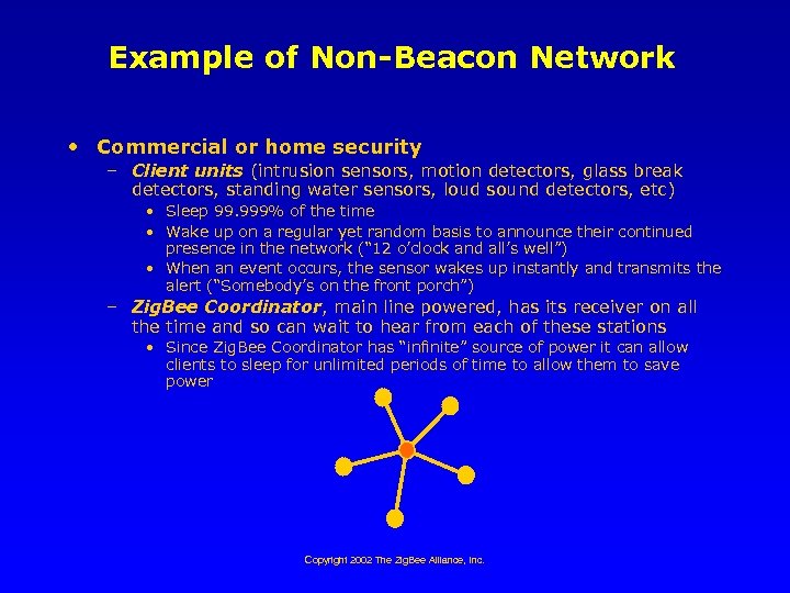 Example of Non-Beacon Network • Commercial or home security – Client units (intrusion sensors,