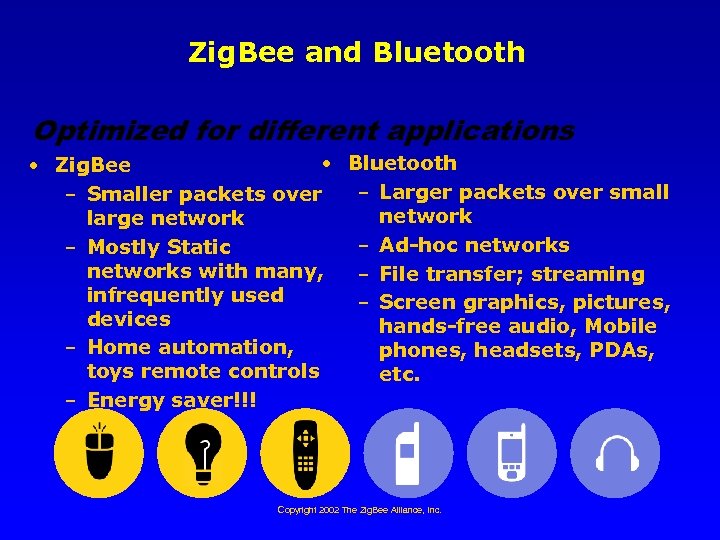 Zig. Bee and Bluetooth Optimized for different applications • Bluetooth • Zig. Bee –