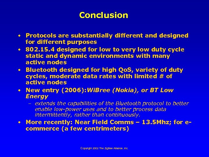 Conclusion • Protocols are substantially different and designed for different purposes • 802. 15.